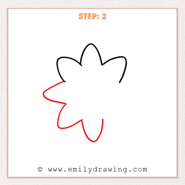 how to draw a cartoon sun - Step 2 extends the cartoon sun outline by adding a wide left ray and a longer bottom ray with smooth, rounded curves.